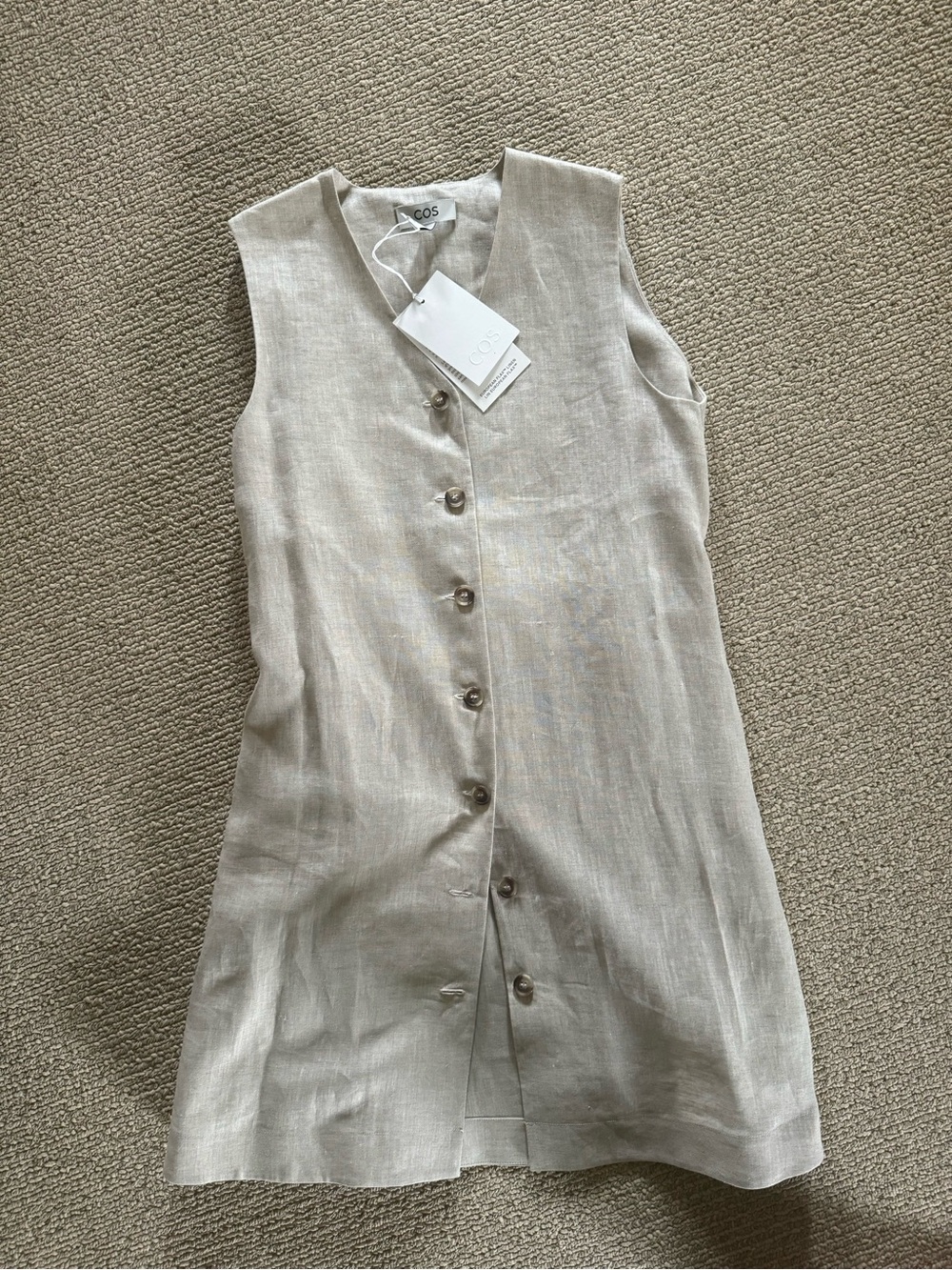 COS Sleeveless Button-Front Linen Mini Dress in Light Beige